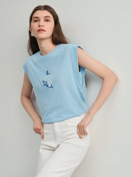 EMBROIDERY CORAL SHELL PATTERN BATWING SLEEVE TEE