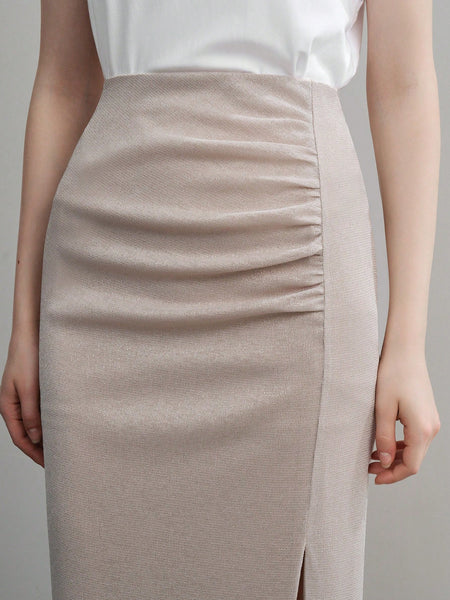 SOLID RUCHED SPLIT THIGH SKIRT