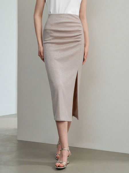 SOLID RUCHED SPLIT THIGH SKIRT