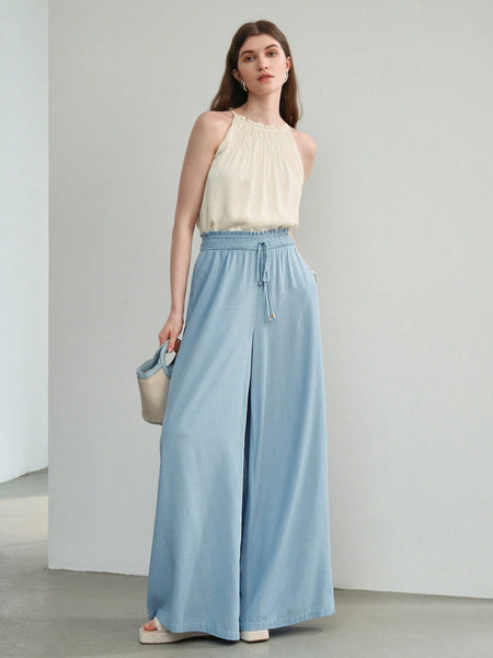 SOLID SHIRRED KNOT WAIST WIDE LEG PANTS