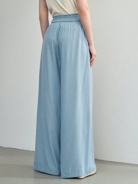 SOLID SHIRRED KNOT WAIST WIDE LEG PANTS