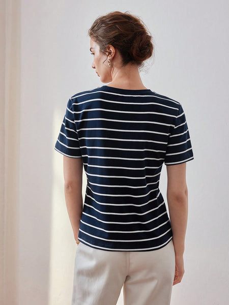 FAUX PEARL ANCHOR PATTERN STRIPED TEE