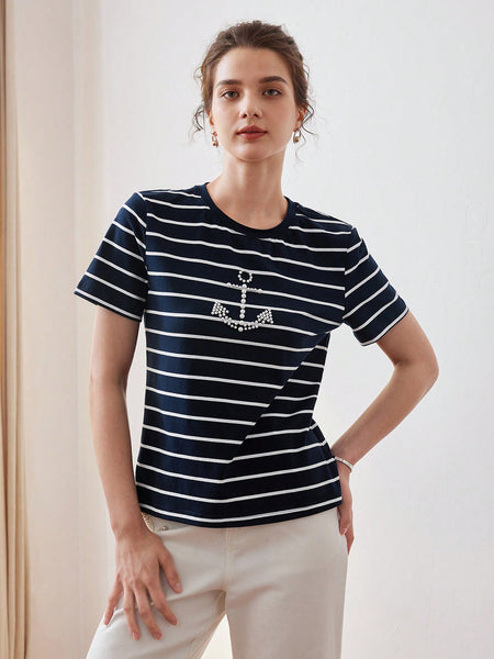 FAUX PEARL ANCHOR PATTERN STRIPED TEE
