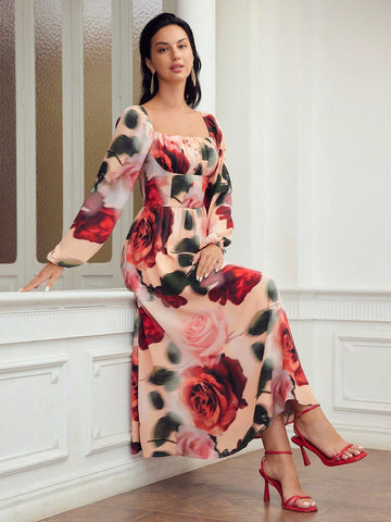 FLORAL PRINT SQUARE NECK LANTERN SLEEVE RUCHED BUST DRESS