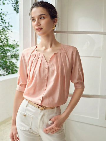 SOLID NOTCH NECK FOLD PLEATED PUFF SLEEVE BLOUSE