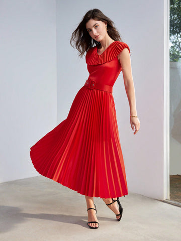 SOLID V-NECK BUCKLE BELTED PLEATED DRESS