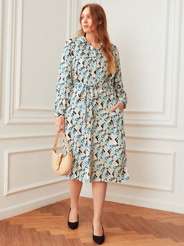 PLUS ALLOVER PRINT BELTED DRESS