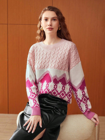 CABLE KNIT PRINT SWEATER