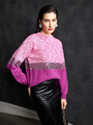 ACRYLIC MARLED KNIT SEQUIN PANEL SWEATER
