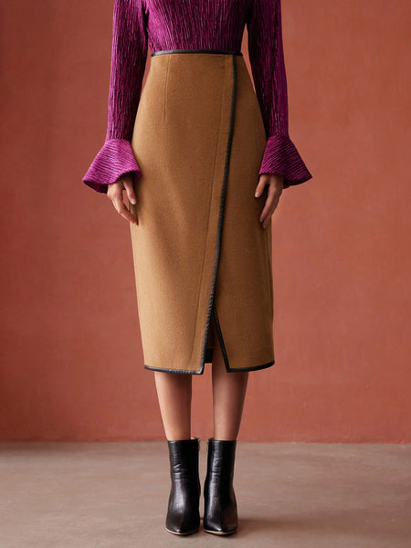 WOOL-BLEND FAUX LEATHER TRIM SKIRT
