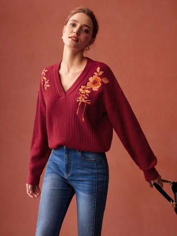 ACRYLIC EMBROIDERY FLORAL V-NECK SWEATER