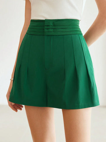 WOVEN WOMEN'S SOLID COLOR FOLD PLEATED SHORTS