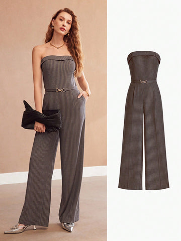 BELTED STRIPED STRAPLESS JUMPSUIT WITH FOLD DETAIL