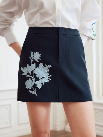WOVEN WOMEN'S FLORAL EMBROIDERED SKIRT