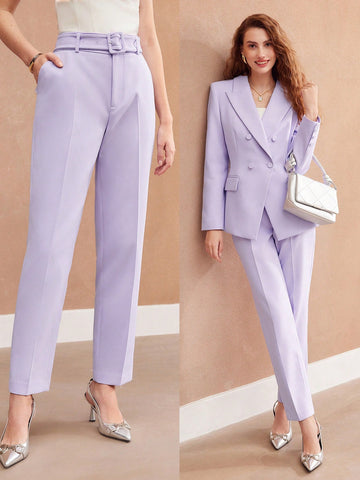 WOVEN WOMEN'S SEAM FRONT BUCKLE BELTED SUIT PANTS