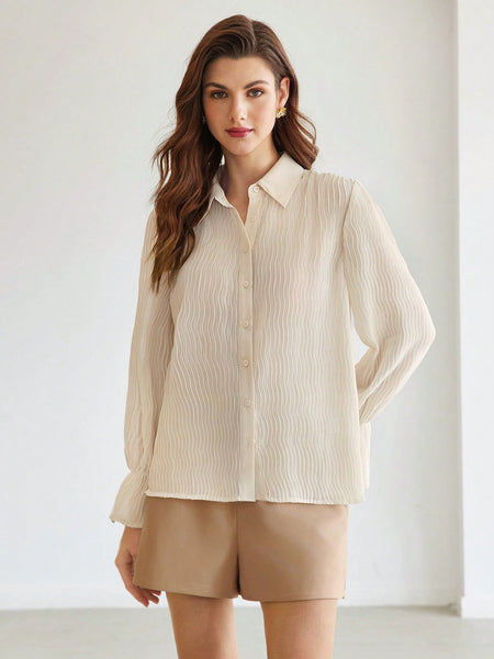 CHIFFON WOMEN'S SOLID COLOR PLEATED FLARE SLEEVE SHIRT