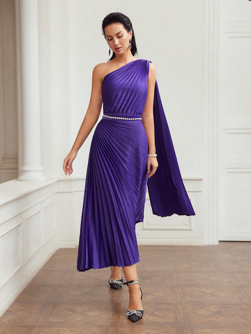 WOVEN PLEATED ONE SHOULDER DRAPED DRESS FOR WOMEN