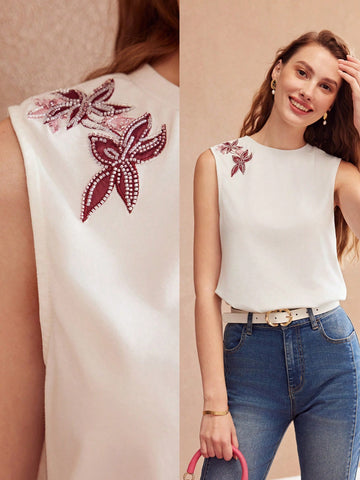 WOMEN'S EMBROIDERED BEADED DETAIL TANK TOP