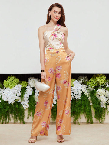 TWO TONE FLORAL PRINT ONE SHOULDER RUCHED WAIST JUMPSUIT
