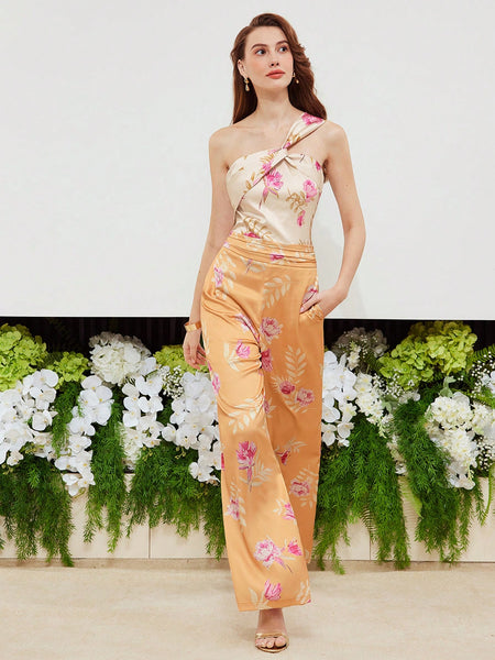 TWO TONE FLORAL PRINT ONE SHOULDER RUCHED WAIST JUMPSUIT