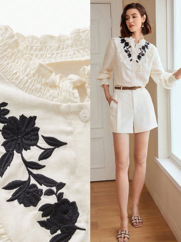 WOMEN'S WOVEN FLORAL EMBROIDERY RUFFLE TRIM LANTERN SLEEVE BLOUSE