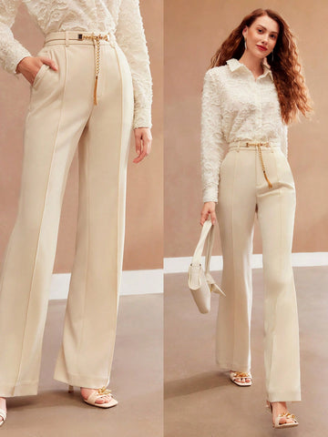 WOVEN WOMEN'S SEAM FRONT CHAIN BELTED SUIT PANTS
