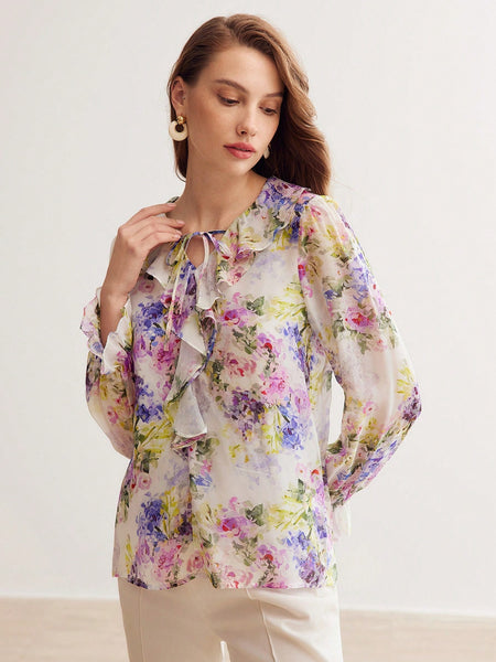 SILK FLORAL PRINT TIE FRONT FLARE SLEEVE RUFFLE TRIM BLOUSE