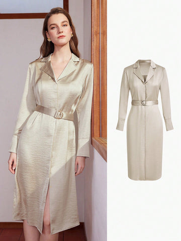 SOLID LAPEL COLLAR BUCKLE BELTED DRESS