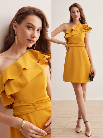 SOLID ONE SHOULDER LAYERED RUFFLE TRIM DRESS