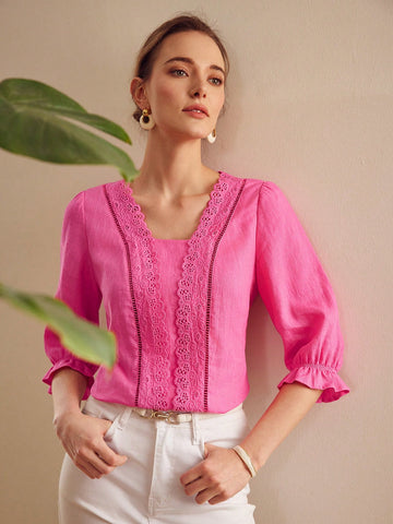 SOLID SCHIFFY PANEL FLARE SLEEVE BLOUSE