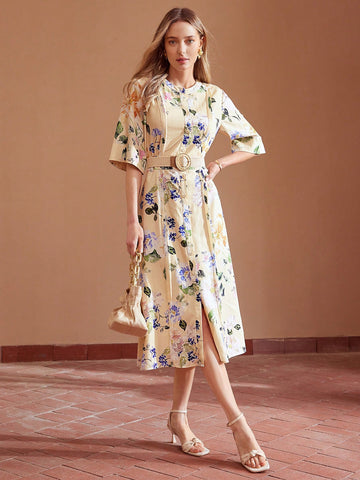 FLORAL PRINT SINGLE BREASTED PLACKET FOLD PLEATED DRESS
