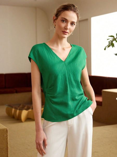 SOLID V-NECK BATWING SLEEVE RUCHED BLOUSE