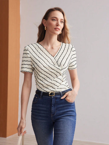 STRIPED PRINT SURPLICE NECK RUCHED TEE