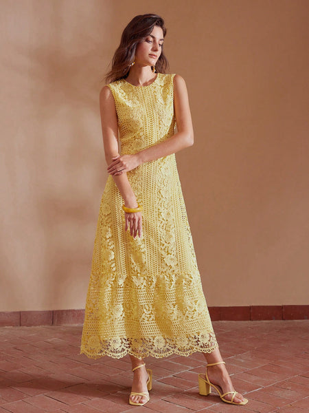 SOLID GUIPURE LACE DRESS WITHOUT BELT