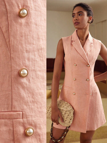 PURE LINEN SOLID COLOR DOUBLE-BREASTED LAPEL COLLAR BLAZER DRESS