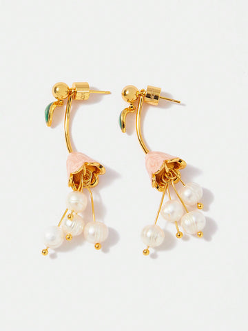 RESORT-STYLE GOLD PLATED COPPER ENAMEL & NATURAL PEARL DECOR DROP EARRINGS