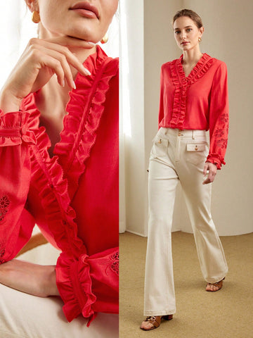 SOLID V-NECK RUFFLE TRIM EMBROIDERY LASER CUT FLARE SLEEVE BLOUSE