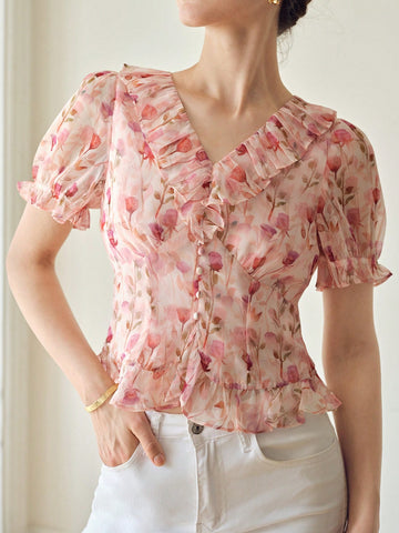 ALLOVER FLORAL PRINT RUFFLE TRIM PUFF SLEEVE SLIM FIT BLOUSE