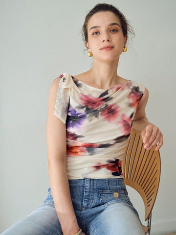 FLORAL PRINT KNOT ASYMMETRICAL SHOULDER RUCHED TANK TOP