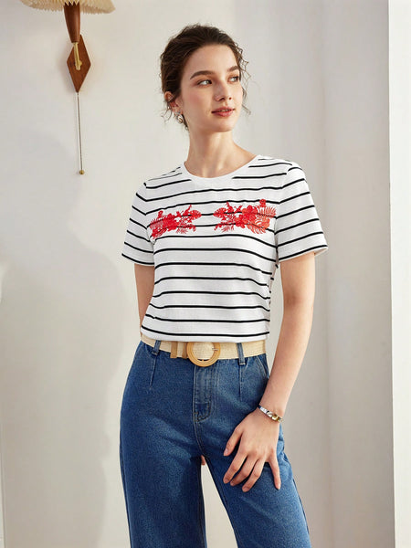 EMBROIDERY FLORAL PATTERN STRIPED TEE