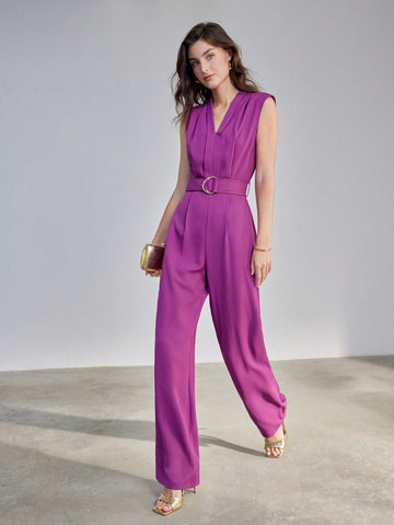 V-NECK FOLD PLEATED D-RING BELTED JUMPSUIT