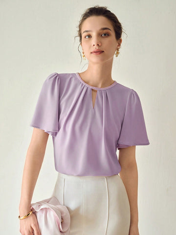 SOLID KEYHOLE NECK FLUTTER SLEEVE FOLD PLEATED BLOUSE