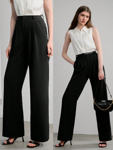 SOLID FOLD PLEATED WIDE LEG SUIT PANTS